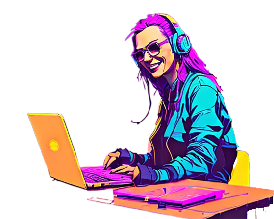 Primary image on header woman content writing with headphones on